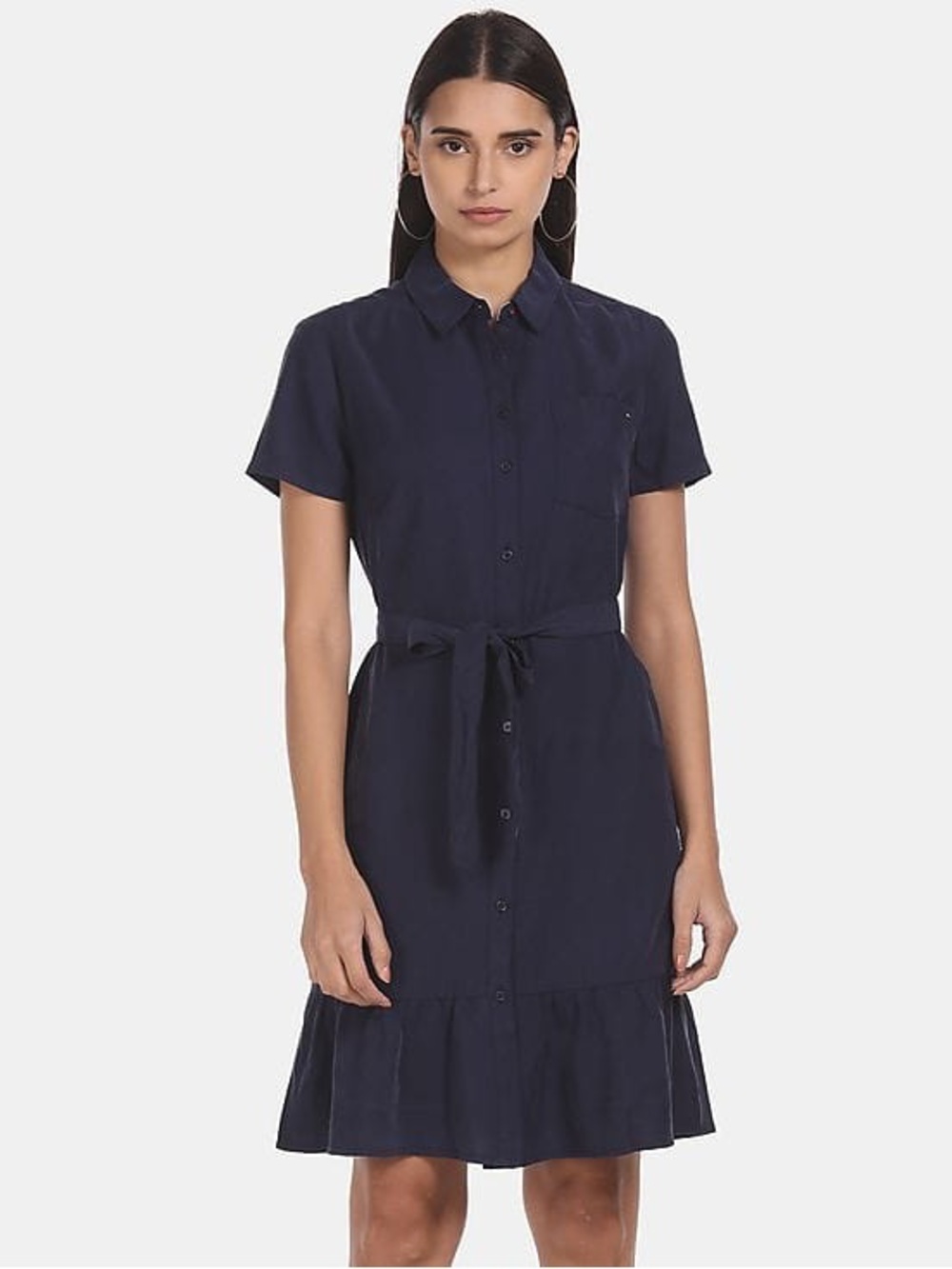 Tommy Hilfiger Women Navy Lexington Flounce Shirt Dress, Size Small